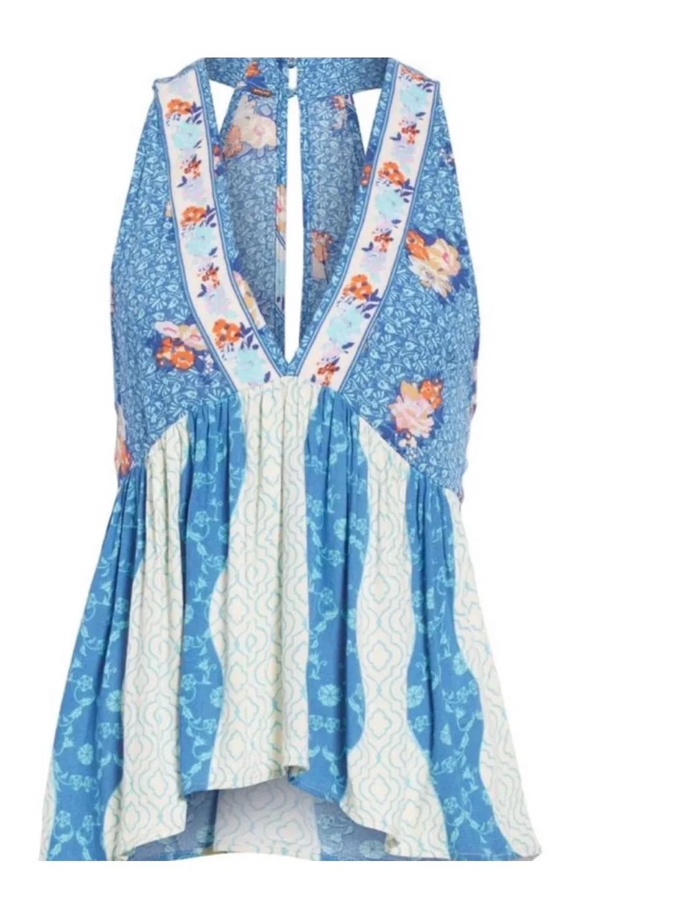 Free People Blue Floral Patchwork V-Neck Sleeveless Blouse